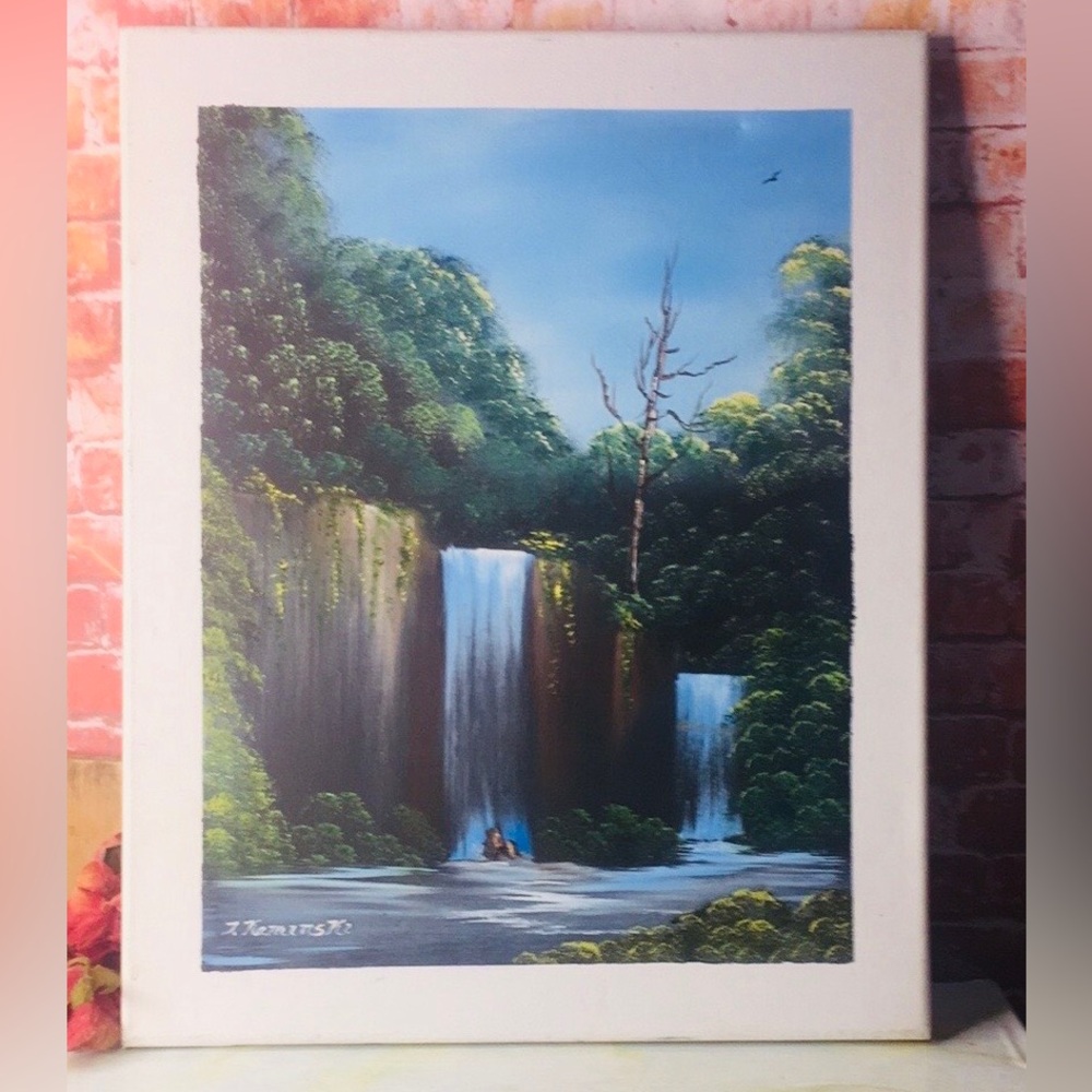 Vintage Original Bob Ross Style Acrylic Waterfall Landscape Painting on Canvas
